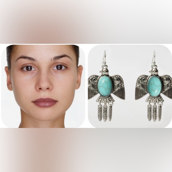 Turquoise Stone Feather Silver Bird Earrings - Picture 4 of 16